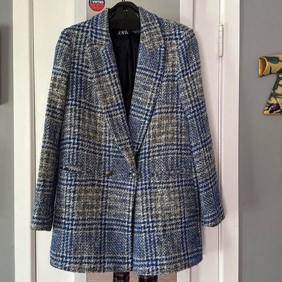 Zara Blazer Plaid Pronounced Shoulders Double Breasted XS - Picture 3 of 6